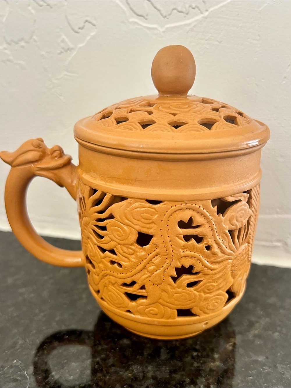 Vtg Yixing Zisha Clay Double Wall Dragon & Phoenix Tea Mug Cup with Vented Lid